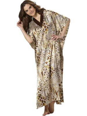 V-Neck with V-Band Silk Long Kaftan Dress for Women in Bronze Color