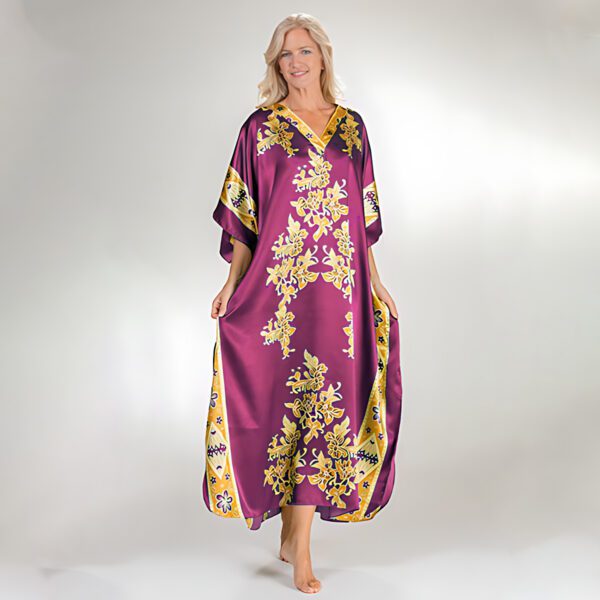 V-Neck with V-Band Silk Long Kaftan Dress Online for Women Color Burgundy