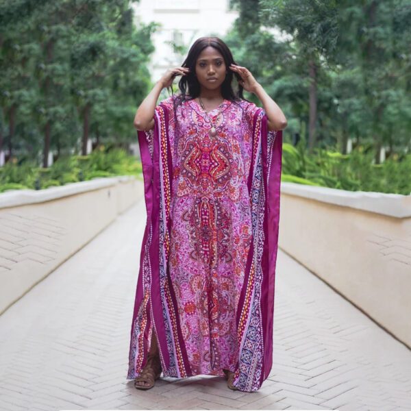 Curvy Neck Lawn Kaftan Dress for Women