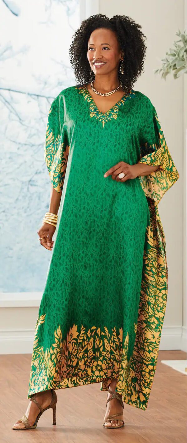 Green silk long kaftan dress for women