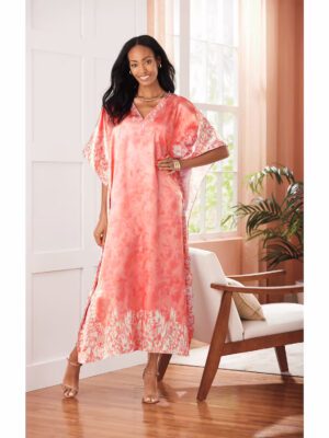 Pink silk long kaftan dress for women