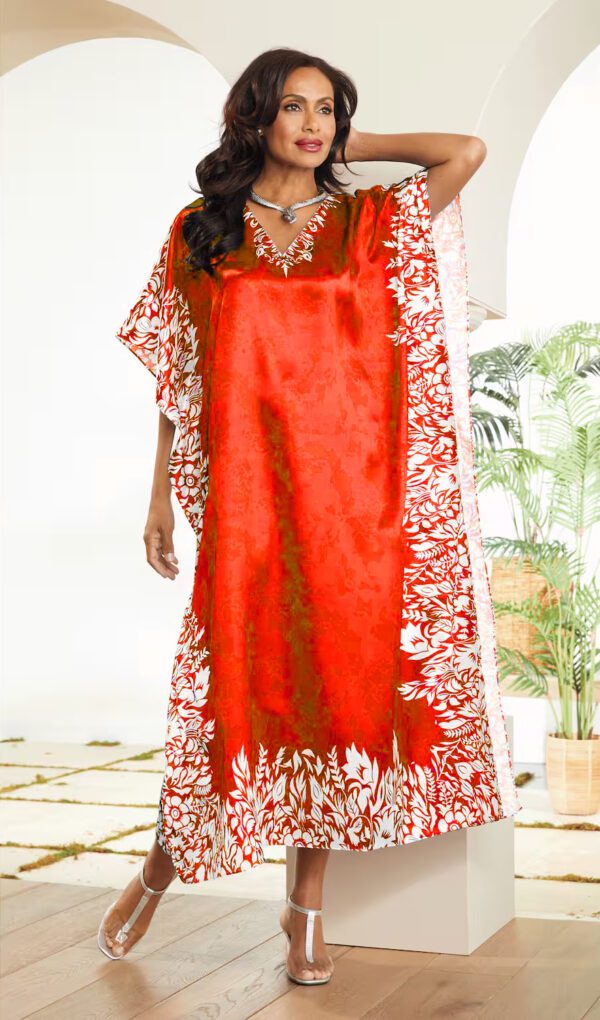 red silk long kaftan dress for women