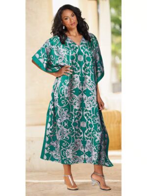 V-neck printed silk kaftan dress