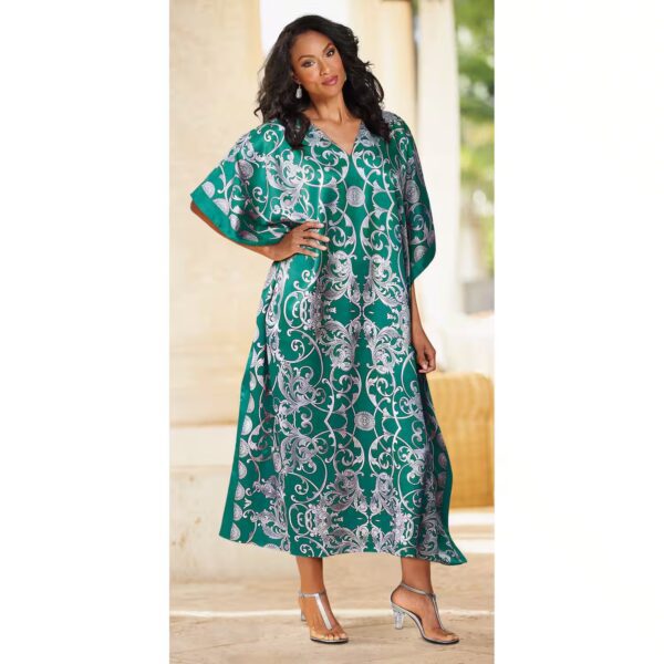 V-neck printed silk kaftan dress