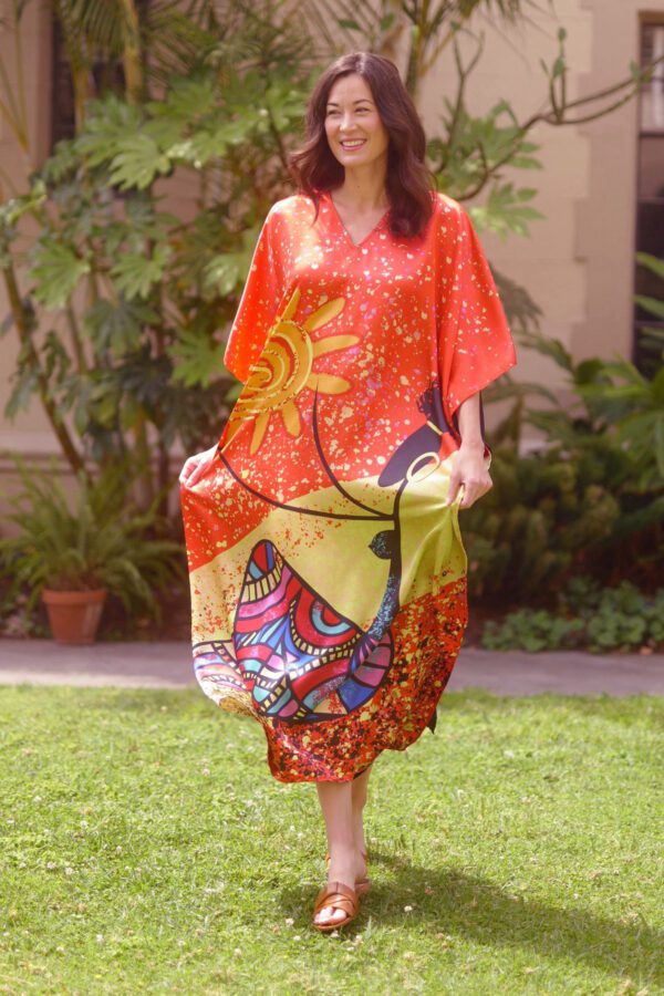 Multicolor silk long kaftan dress for women 02