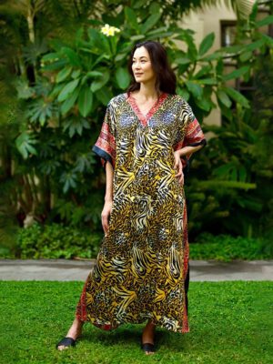 V-Neck with V-Band Silk Gorgeous Kaftan Dress for Women in Tiger Print