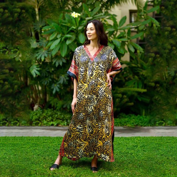 V-Neck with V-Band Silk Gorgeous Kaftan Dress for Women in Tiger Print