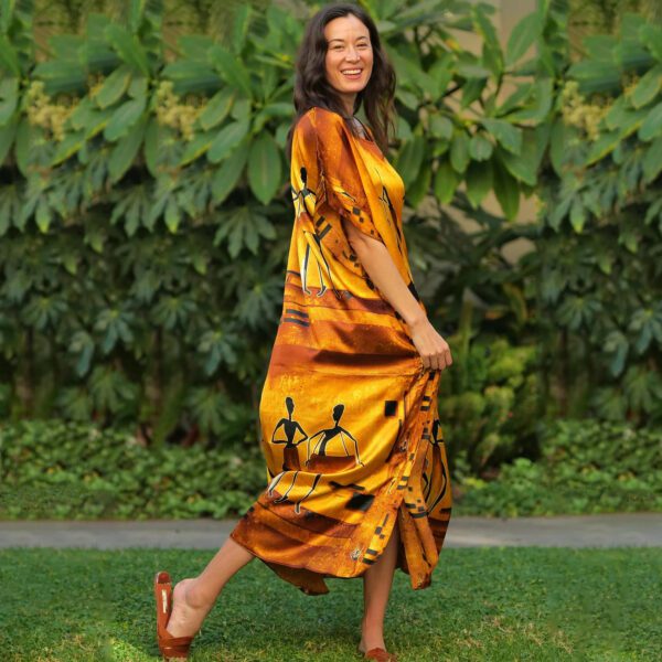 Scoop Neck silk kaftan dress for women in gold color