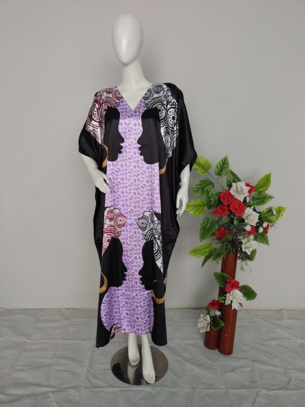 V-neck silk long kaftan dress for women in black color.