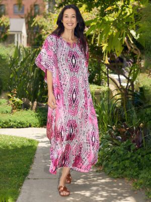 Scoop Neck with Keyhole Silk Kaftan Dress for Women