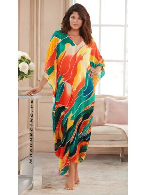 Double V Neck Lawn Long Hot Kaftan Dress For Women