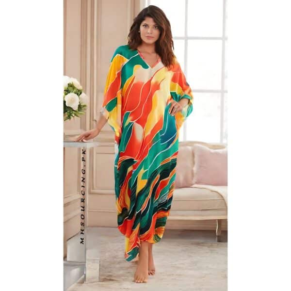 Double V Neck Lawn Long Hot Kaftan Dress For Women