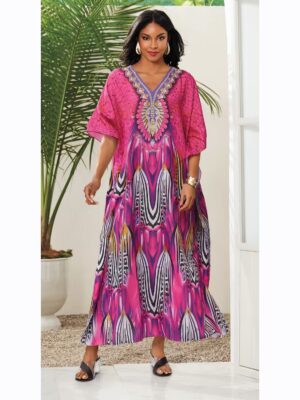 V Neck Long Lawn Kaftan Dress For Women in Fuchsia