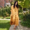 V-neck silk long kaftan dress gold new model