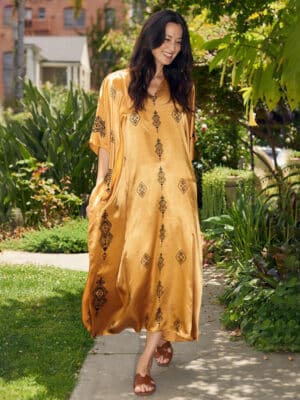 V-neck silk long kaftan dress gold new model