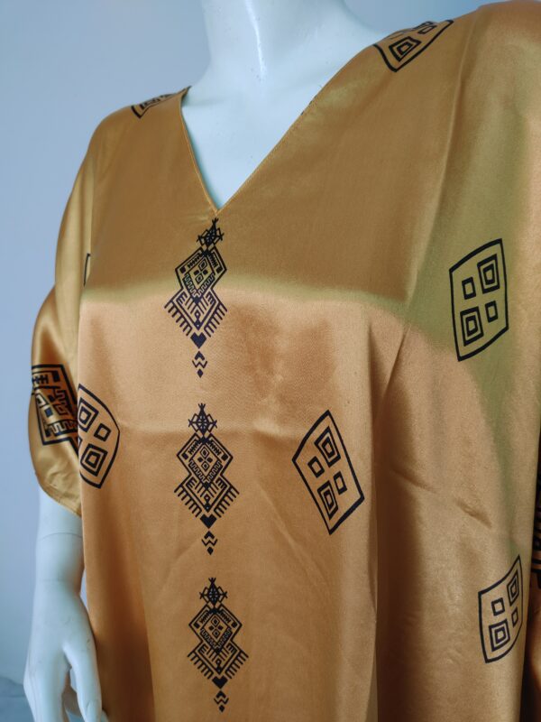 V-neck silk long kaftan for women in gold color