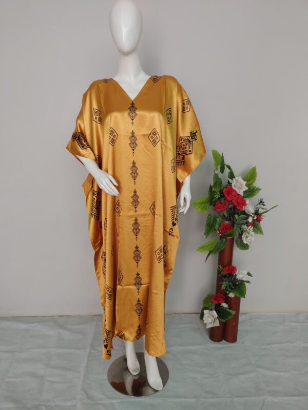 V-neck silk long kaftan for women front in gold color