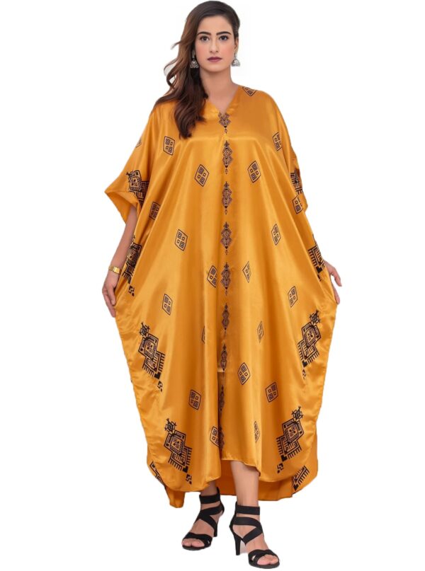 V-neck silk long kaftan dress gold model