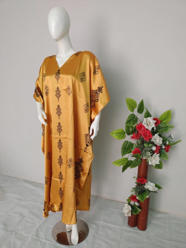 V-neck silk long kaftan for women in side gold color