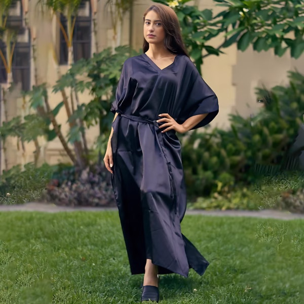Black Silk Belted Kaftan Dress for Women