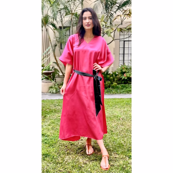 Fuchsia Silk Belted Kaftan Dress for Women