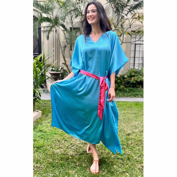 Aqua Silk Belted Kaftan Dress for Women