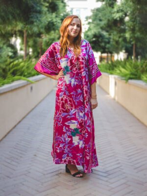 V neck with v band long floral silk kaftan dress for women