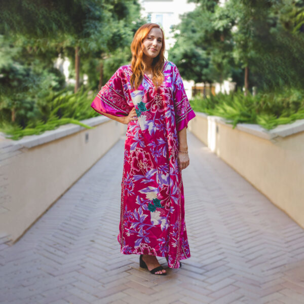 V neck with v band long floral silk kaftan dress for women