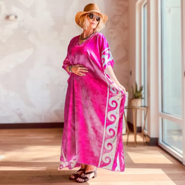 V-neck long silk kaftan dress for women, magenta color