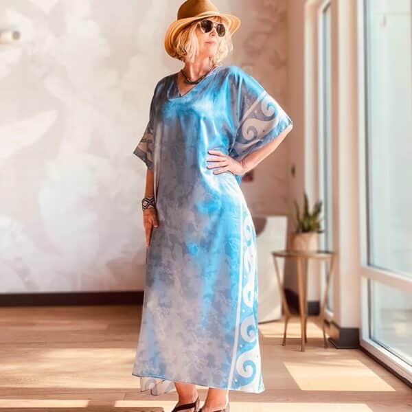 V-neck long silk kaftan dress for women sky blue color