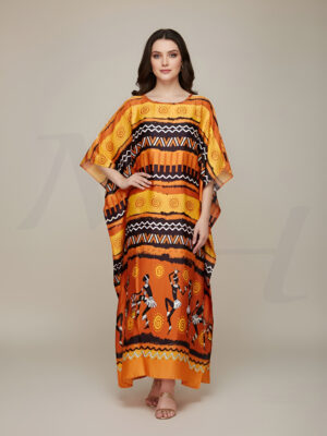 scoop neck silk long kaftan dress front