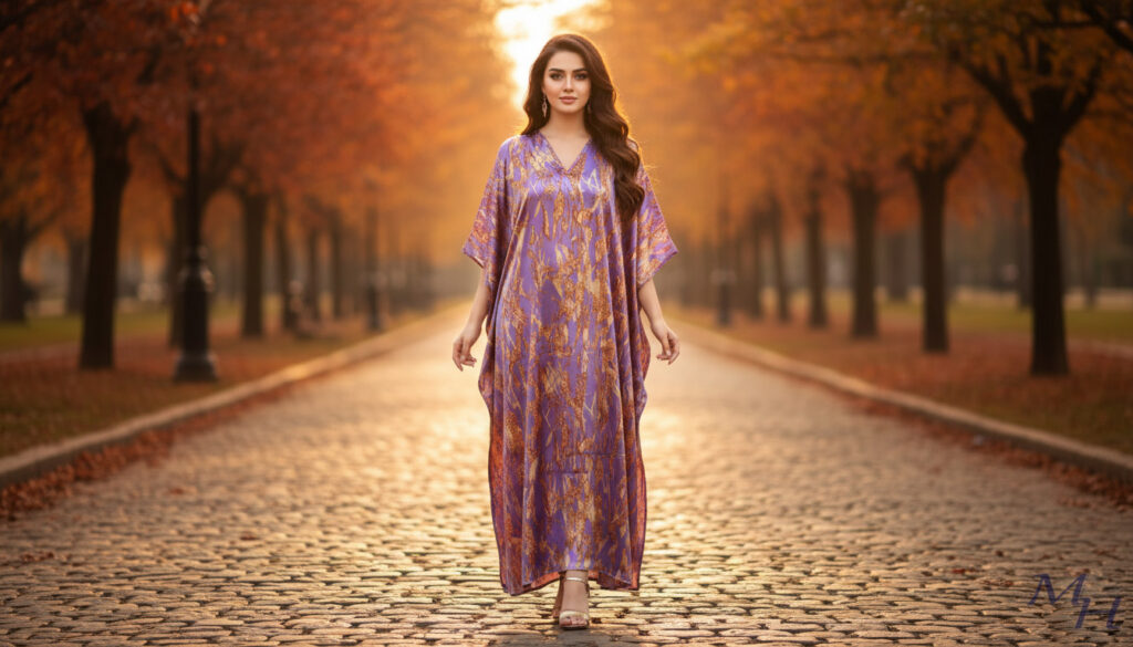 Model wearing a silk kaftan dress in warm autumn lighting - kaftan dress online Pakistan