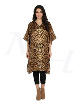 Leopard Print Silk Tunic Dress for Women and Girls Brown Front